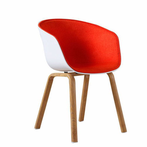 Scandinavian plastic dining chair with half red fabric covered