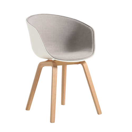 Nordic warm grey fabric covered cafe dining armchair with wood legs