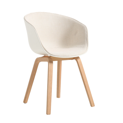 Nordic beige fabric covered cafe dining armchair with wood legs