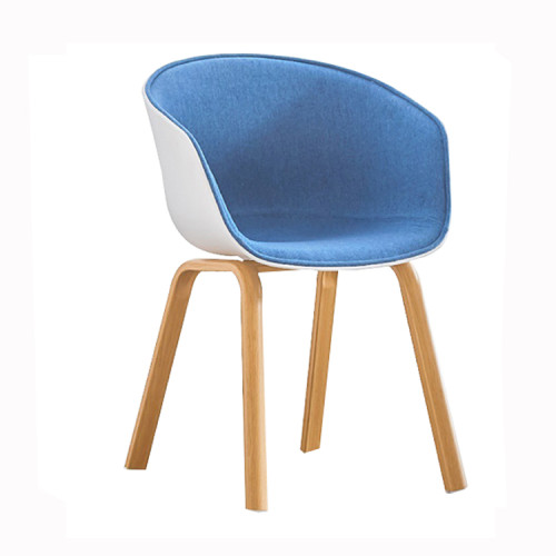 Scandinavian plastic dining chair with half blue fabric covered