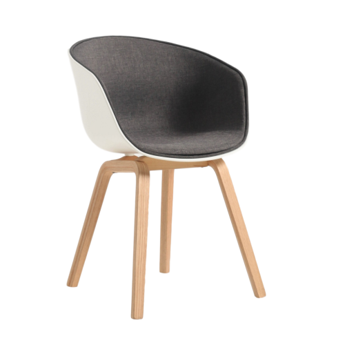 Nordic dark grey fabric covered cafe dining armchair with wood legs