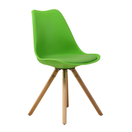 Green cushioned polypropylene chair with wood legs