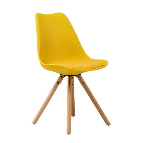 Yellow cushioned polypropylene chair with wood legs
