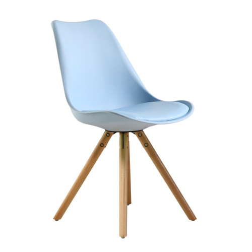 Light blue cushioned polypropylene chair with wood legs