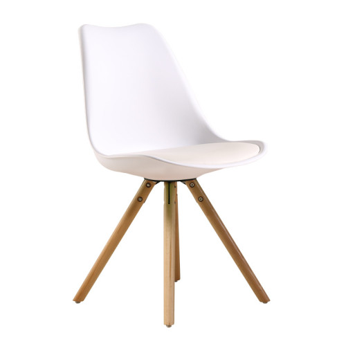 White cushioned polypropylene chair with wood legs
