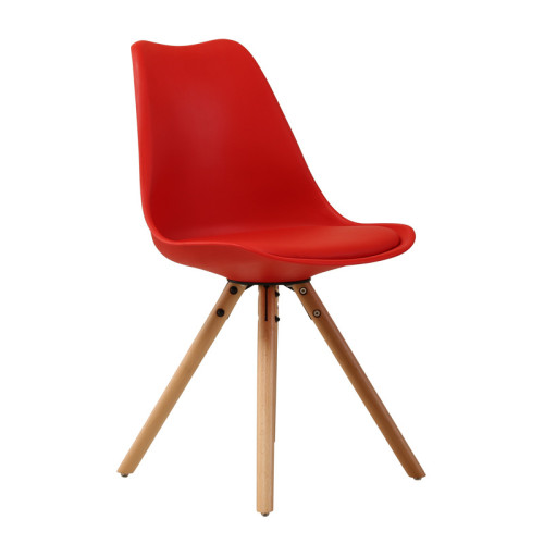 Red cushioned polypropylene chair with wood legs