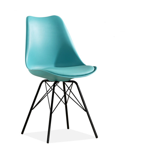 Turquoise cushioned plastic cafe chair with metal base