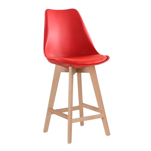 Red plastic counter stool with footrest
