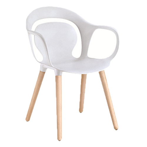 Armrest white plastic restaurant chair with wooden legs