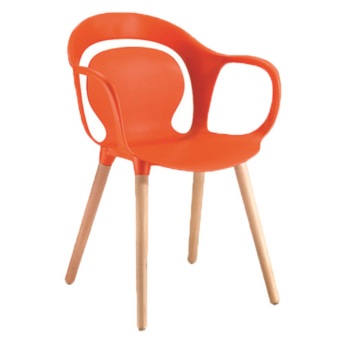 Armrest orange plastic restaurant chair with wooden legs
