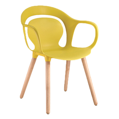Armrest yellow plastic restaurant chair with wooden legs