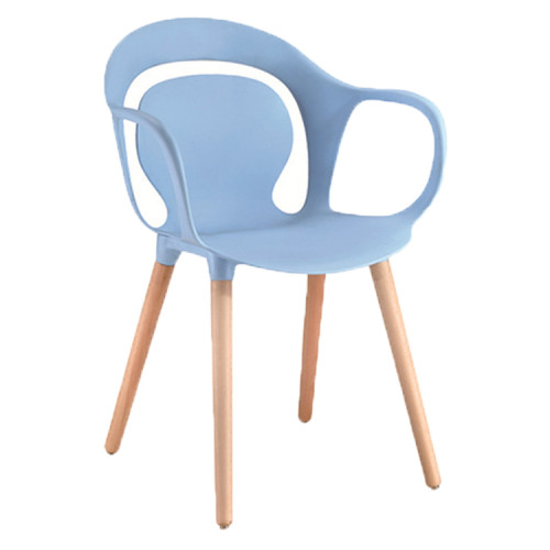 Armrest light blue plastic restaurant chair with wooden legs