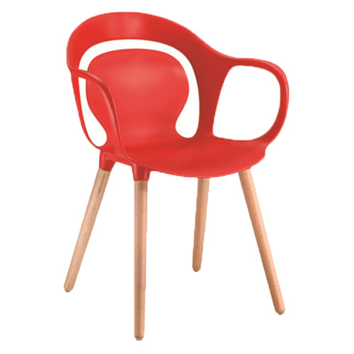 Armrest red plastic restaurant chair with wooden legs