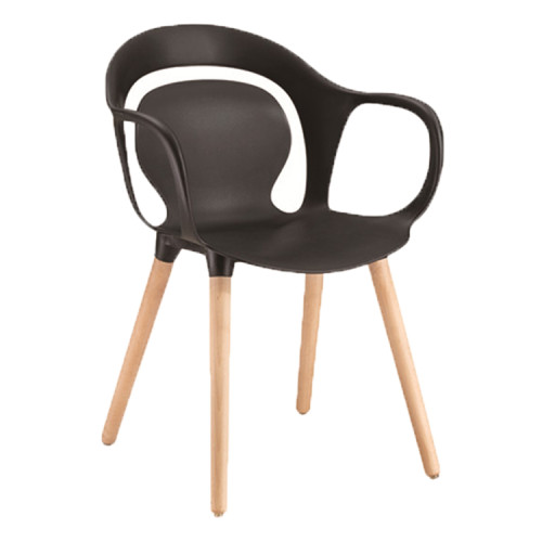 Armrest black plastic restaurant chair with wooden legs
