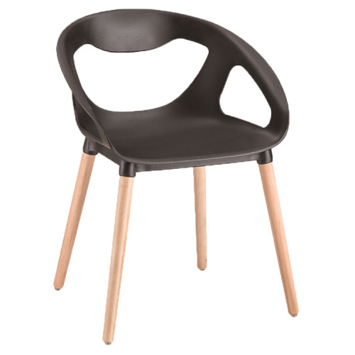 Comfortable armrest black polypropylene diner chair with wood legs
