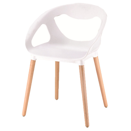 Comfortable armrest white polypropylene diner chair with wood legs