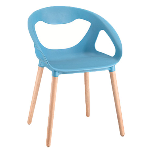 Comfortable armrest blue polypropylene diner chair with wood legs