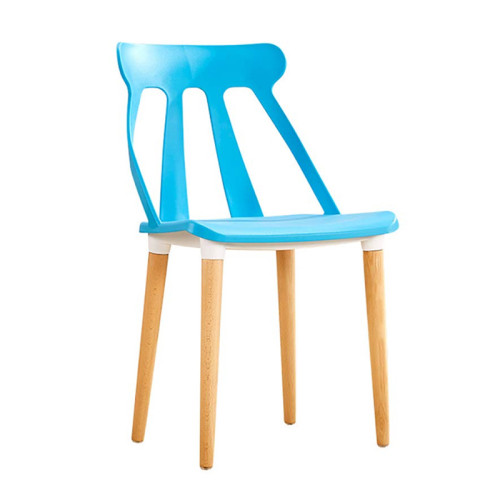 Stylish blue polypropylene cafe chair with wood legs