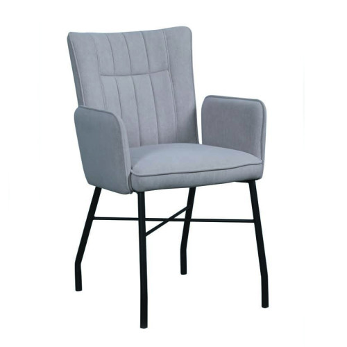 Grey fabric upholstered dining chair with armrest
