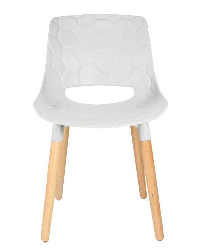 White plastic chair with four wood legs