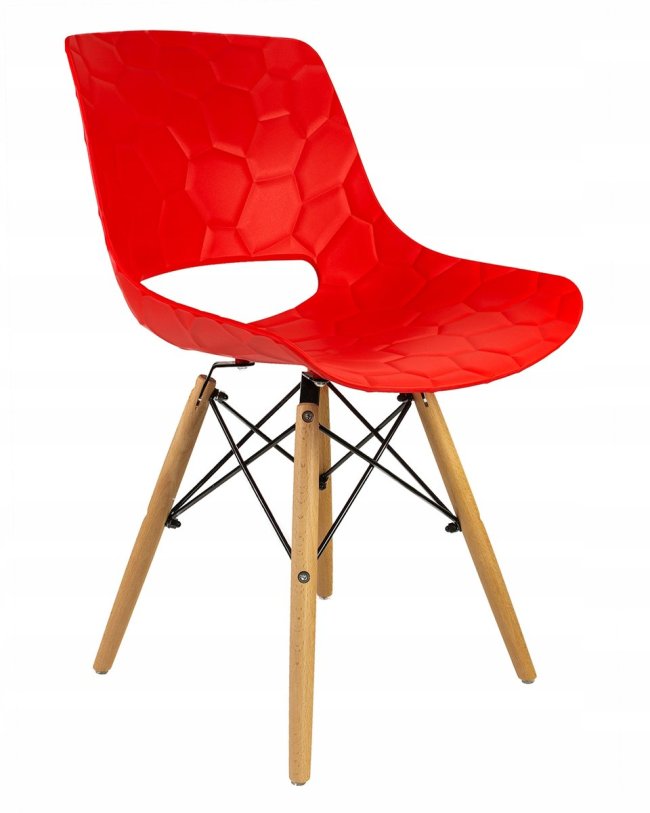 Comfy stylish red plastic dining chair with wood legs