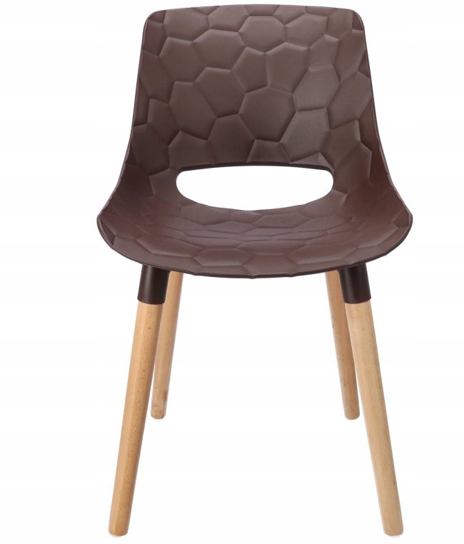 Brown plastic chair with four wood legs