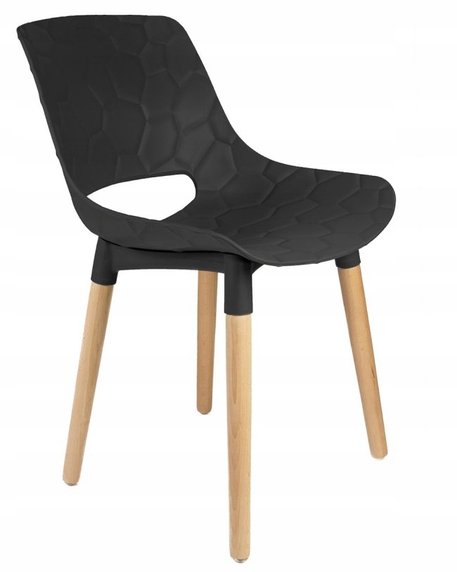 Black plastic chair with four wood legs