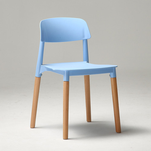 Modern designer light blue plastic chair with wood legs