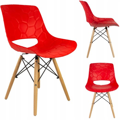 Comfy stylish red plastic dining chair with wood legs