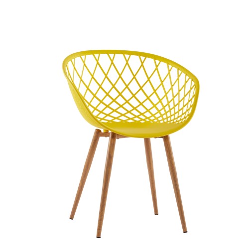 Hollow out bright yellow plastic chair with metal legs