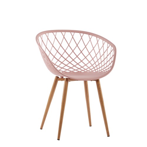 Hollow out pink plastic chair with metal legs