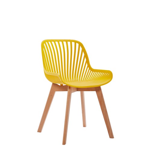 Yellow plastic chair with wood legs