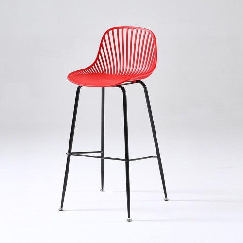 Red plastic bar stool with metal frame