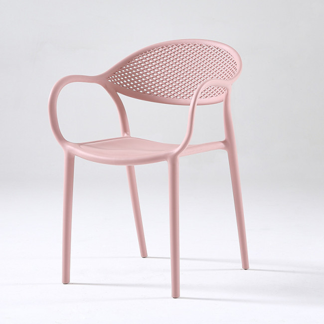 Pink plastic chair with armrest