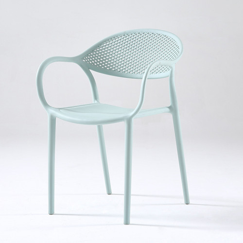 Light blue plastic chair with armrest