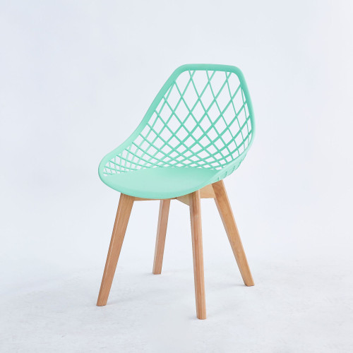 Hollow out back light green pp dining chair with wood legs