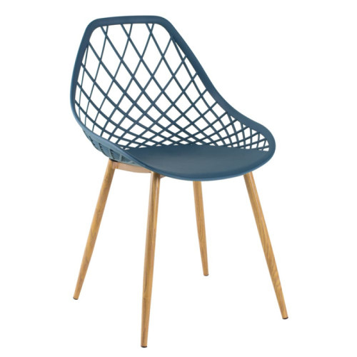 Dark blue hollow out plastic kitchen chair with metal legs