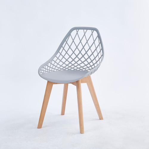 Hollow out back light grey pp dining chair with wood legs