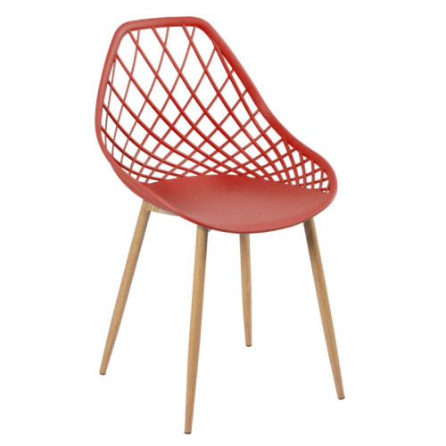 Red hollow out plastic kitchen chair with metal legs