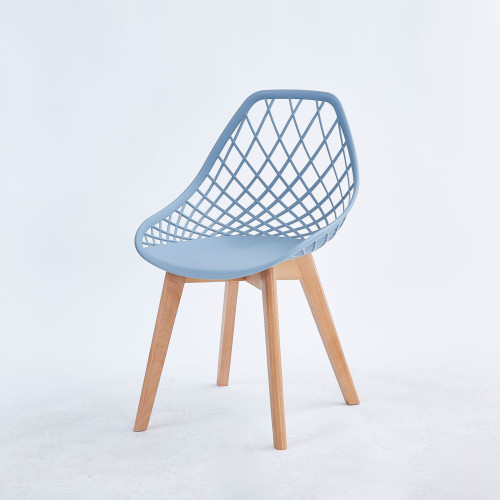 Hollow out back light blue pp dining chair with wood legs