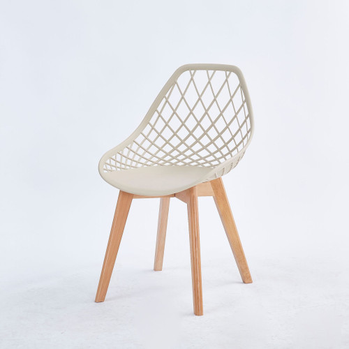 Hollow out back beige pp dining chair with wood legs