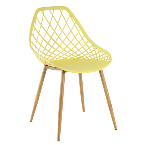 Yellow hollow out plastic kitchen chair with metal legs