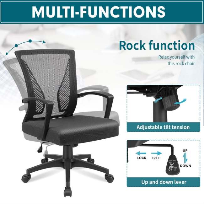Ergonomic Office Mid Back Mesh Chair Swivel Desk Chair Lumbar Support Computer Chair with Armrest (Black)