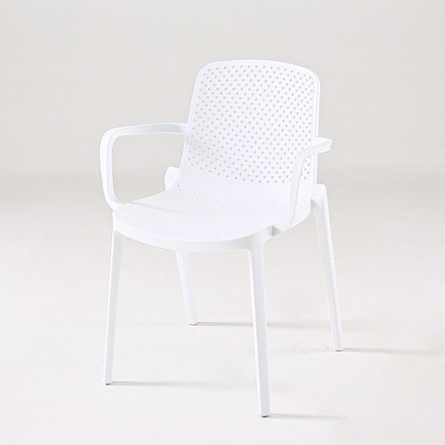 White stackable plastic dining chair with armrest