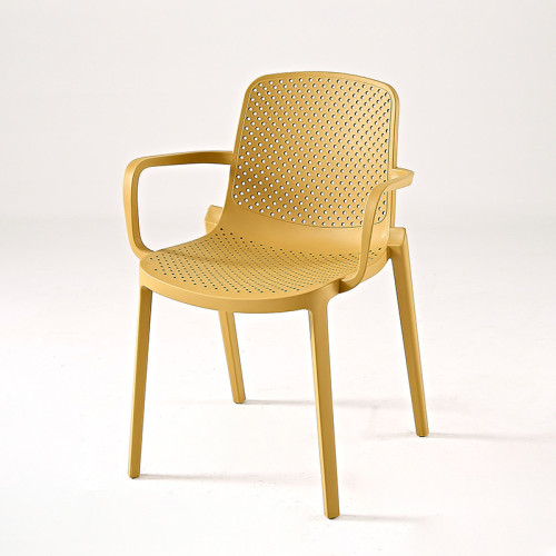 Yellow stackable plastic dining chair with armrest