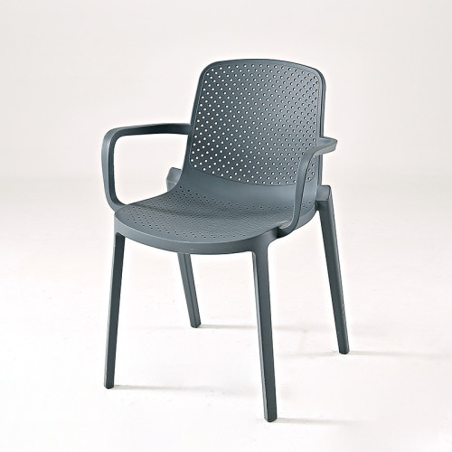 Grey stackable plastic dining chair with armrest