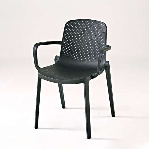 Black stackable plastic dining chair with armrest