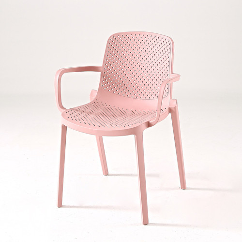Pink stackable plastic dining chair with armrest