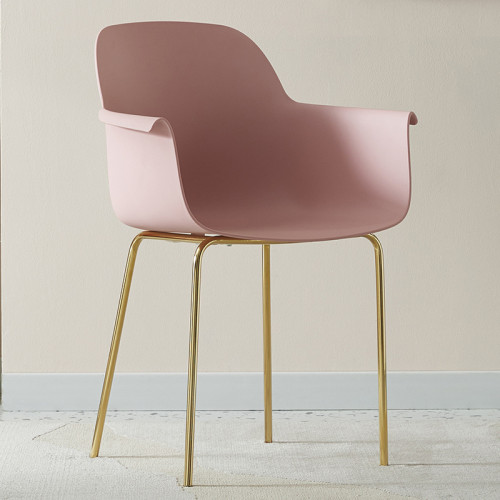 Pink plastic armchair with golden metal legs