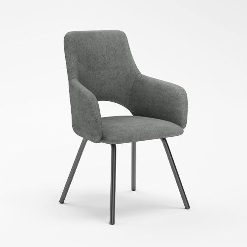 Curved back dark grey fabric dining chair with metal legs